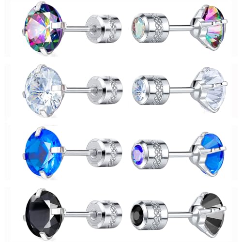 VOLUKA Titanium Earrings for Sensitive Ears, 4 Pairs Screw Back Hypoallergenic Surgical Grade Titanium Cubic Zirconia Stud Earrings for Women Men - White Colorful by VOLUKA - Used condition - US$11.99
