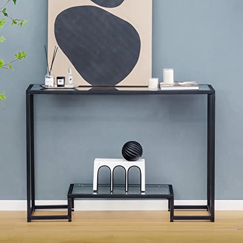 Giantex Narrow Console Entryway Table - Modern Sofa Side Table With Storage Lower Shelf, Heavy-Duty Steel Frame, Tempered Glass Display Console Table For Living Room, Hallway, Entryway, Black #TOP1