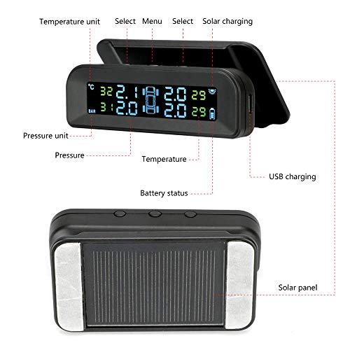 Tire Pressure Monitoring System TPMS Solar tire Pressure Monitor 22-87 Psi Mount on Windshield with 4 External Sensors Car Tire Real-time Wireless Auto Alarm System - Thumbnail 6