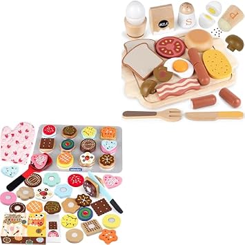 Wooden Toy Food for Toddler 3-5 Breakfast Playset and Wooden Cookie Play Food Set Toy