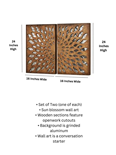 Sun Blossom Cutout Wooden Wall Art Brown Set Of 2 | Aluminum Background | Sunburst Openwork Designs | Each Panel Is 24 Inches High | Hanging Decor For Room #TOP3