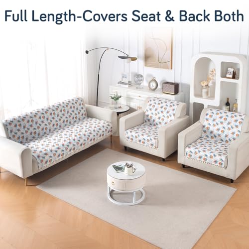 Image of HOKIPO Abstract Petals Quilted Sofa Cover 5 Seater with Tassels Set - Sofa Cover for Seat & Back | 'Tassel Twigs' Series (IN-991-T10 + IN-989-T10)