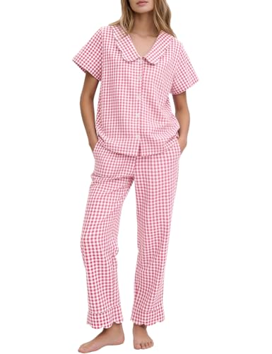 Image of Flygo Womens Gingham Pajamas Set Cotton 2 Piece Pj Set Scalloped Collar Babydoll Shirt Pants Plaid Y2K Lounge Sets