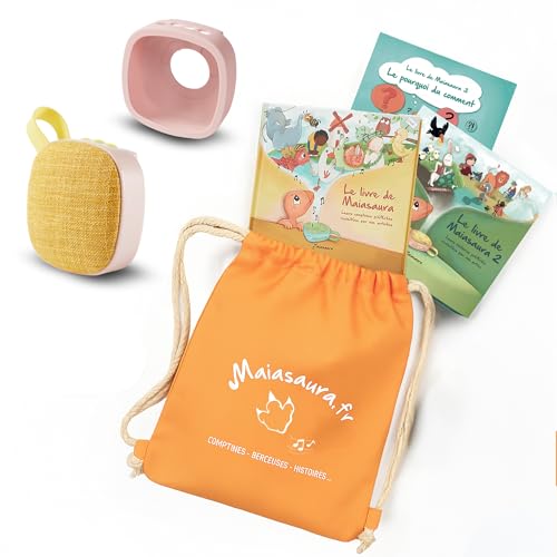 MAIASAURA Coffret Cadeau Boite à Histoires et Musique pour Enfant Maïa Plus avec 200 Titres Inclus | Une Coque de Protection, Un Sac et 3 Livres | Comptines, Histoires, Berceuse | 10H d'écoute