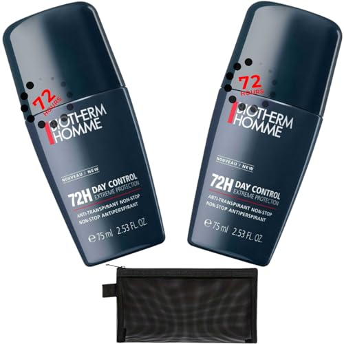 Mens Deodorant Roll On Bundle – 2 x 75ml Day Control Extreme 72H Protection | Alcohol-Free, Anti-Odour, Mens Antiperspirant | Travel Size with Black Mesh Zip Bag Organiser