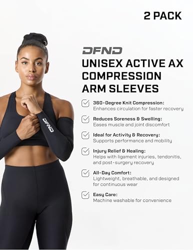 DFND Unisex Active Ax Compression Arm Sleeves (2 Pack) – For Injury Relief, Recovery, Enhanced Performance – Made in USA2