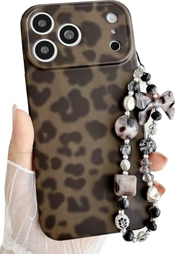 Coque léopard iPhone 17 Pro JANDM avec sangle perlée gris ambré