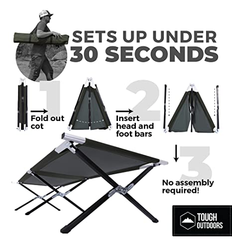 Tough Outdoors Camping Cot For Adults- Folding Sleeping Cots For Camping & Hunting - Heavy Duty Military Bed - Army Fold-Up Camping Bed - Travel Tent Cots - With Organizer & Storage Bag #TOP5