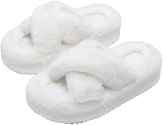 Women Fuzzy Faux Fur Platform Slippers Open Toe Slides
