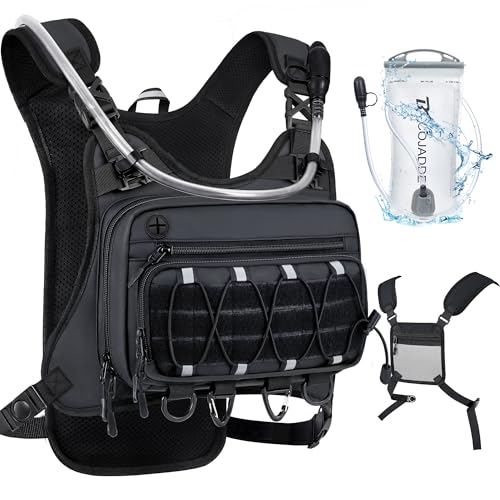 BECOJADDE Running Vest for Men with 2L Water Bladder Tactical Hydration Backpack Adjustable Lightweight Chest Pack for Marathon Hunting Cycling, Black
