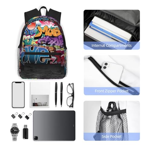 Sac à dos graffiti imprimé hip-hop robuste et polyvalent noir
