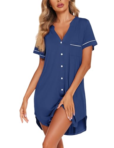 Image of Ekouaer Nightgowns for Women Button Down Night Gowns Short Sleeve Sleep Shirt V Neck Nightshirt Soft Sleepwear Pajams Dress