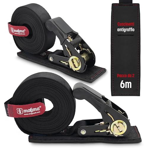 MAGMA Confezione da 2 cinghie di ancoraggio a cricchetto con protezione antigraffio 6M, Tenditore a cricchetto, Cinghia di ancoraggio per camion, auto, moto, rimorchi, Cinghie di ormeggio