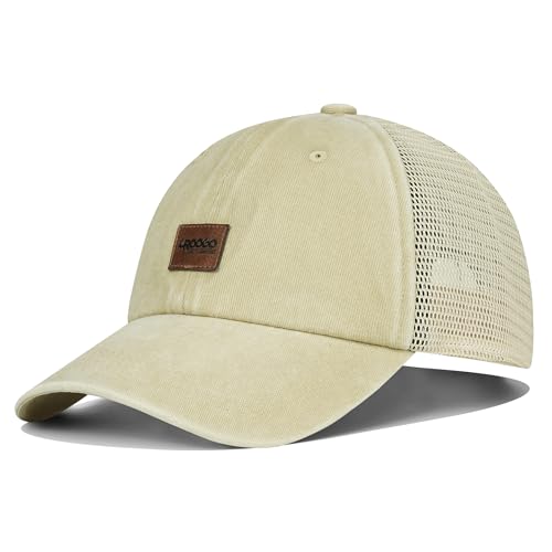 Image of Croogo Leather Patch Mesh Back Cap Washed Cotton Dad Hat | Breathable Material /Adjustable Design /Unstructured Hats /Vintage Wash /Exclusive Products