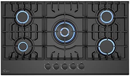 Empava 36" Gas Stove Cooktop NG/LPG Convertible with 5 Italy Sabaf Sealed Burners in Black Tempered Glass, 36 Inch
