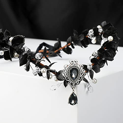 Mostory Eucalyptus Flower Headband Baby Breath Headpiece Black Crown For Girls Women Black Eucalyptus With Beading Crystal Hair Wreath Boho Garland Elf Cosplay Renaissance Bridal Maternity Costumes #TOP3