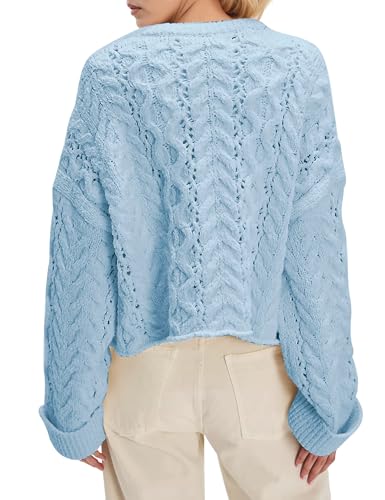 Women's Cable Knit Sweaters Loose Long Sleeve Crewneck Button Sweaters Pullover Casual Fall Outfits Fashion Clothes3