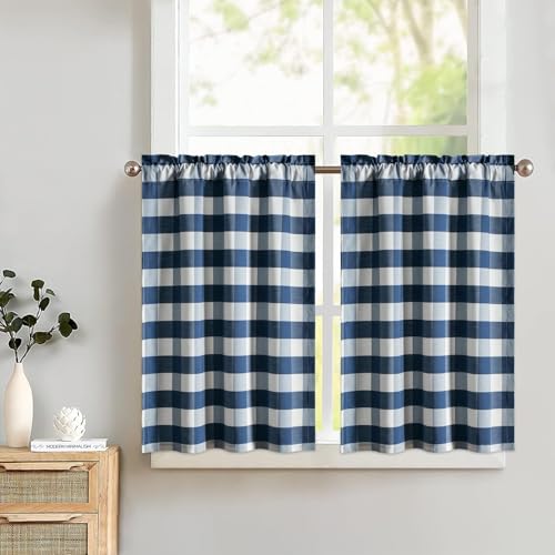 VOGOL 2 Panels Faux Linen Kitchen Curtains, Buffalo Plaid Tier Curtains for Bedroom Gingham Check Rod Pocket Window Treatment for Cafe Bathroom Half Window, 30 x 30, Navy Blue and White