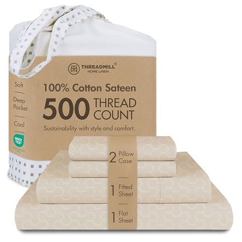 Threadmill Cotton Queen Sheet Set | 500 Thread Count 100% Cotton Sheets for Queen Size Bed | Damask Jacquard Queen Bed Sheets Set with 16 Deep Pocket Fitted | Soft Sateen Cooling Bedding Set | Beige