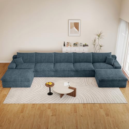 Image of 165 inch Cloud Couch Modular Sectional Sofa for Living Room, U-Shape Boneless Couch with Deep Seat, Modern Corduroy 5-Seater with Ottomans, No Assembly Required, Blue