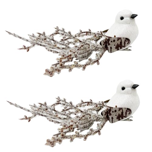 White Glitter Birds Clip on Ornament for Christmas Tree Decoration Winter Wreath Crafts (2pcs)
