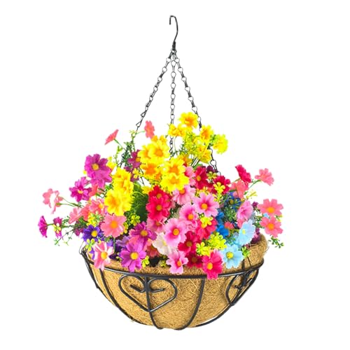 Jlobnyiun Pflanzgefäßhalter mit Kokosfaser - Drahtmetallgartenkorb, Hangetopf im Freien | Runde Kette für Rasenpatio Balkon, dekorative Herzmuster Pflanzenbügel Display Home Dekoration