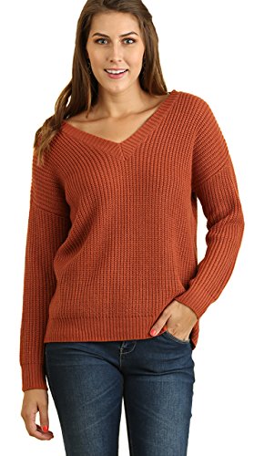 Umgee Women's Drawstring Back Cable Knit Long Sleeve Sweater Top Blouse [Brick] [M] #TOP1