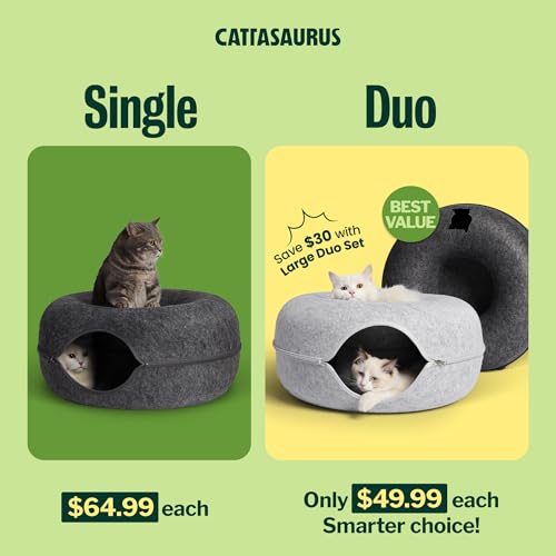 Image of Cattasaurus Peekaboo Cat Cave Donut for Multiple & Large Cats up to 30-45 lbs, 3-in-1 Self Warming Cat Bed, Tunnel & Scratcher for Indoor Cats, Washable & Detachable (Light Gray + Dark Gray, Large)