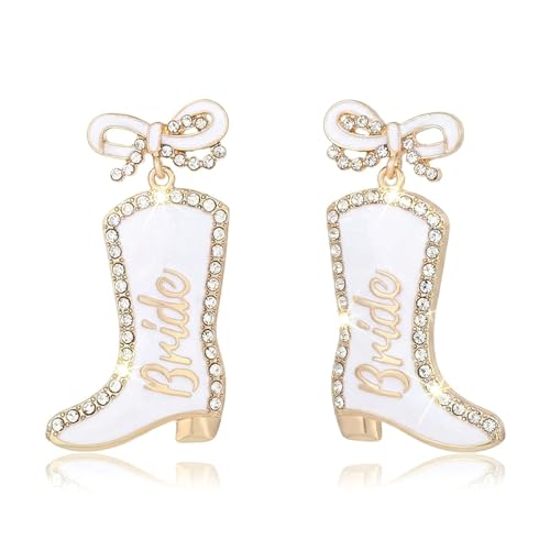 Bride Earrings for Women Cowboy Boot Bow Earrings White Bachelorette Party Accessories Bridal Shower Gifts for Bride to Be