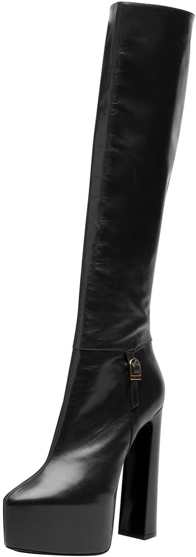 FOWT Women Pointed Toe Knee High Boots Platform Chunky Block High Heels Side Zipper Sexy Party Club Shoes Size 4-16 US