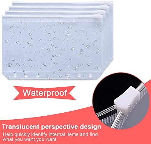 Binder Pockets, FOME 30pcs A6 6-Hole Zipper Binder Pockets Waterproof PVC Cash Budget Envelopes Loose Leaf Bag for 6 Ring Refillable Binder Notebook Planner