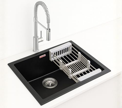 Zinzer Granite Quartz Kitchen Sink (24x18x8, Midnight Black) | Undermount, Topmount & Flushmount Single Bowl | UV Protected, Scratch & Heat Resistant, 10 Year Warranty | With Coupling, Pipe & Basket