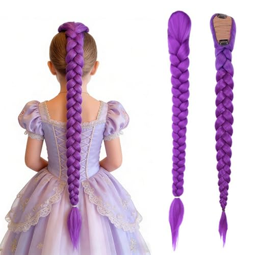 FOSDICK Perruque Violette Tressée, Perruque Femme Enfant Tresses Violette, 66 cm Extension Tresses Violet avec Clip, Perruques violett Deguisement Adulte Enfant pour...