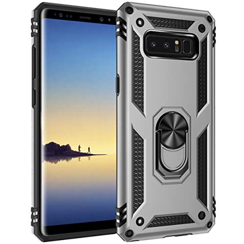 Dishibei Military Grade Drop Impact for Samsung Galaxy Note 8 Case 360 Metal Rotating Ring Kickstand Holder Built-in Magnetic Car Mount Armor Shockproof for Galaxy Note 8 Phone Case (Sliver)