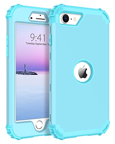 Bentoben Iphone Se 2022 Phone Case, Iphone Se 2020 Case, Heavy Duty 3 In 1 Full Body Rugged Shockproof Hybrid Hard Pc Soft Rubber Bumper Drop Protective Girls Women Boys Se3/Se2 Cover, Sky Blue Design #TOP2