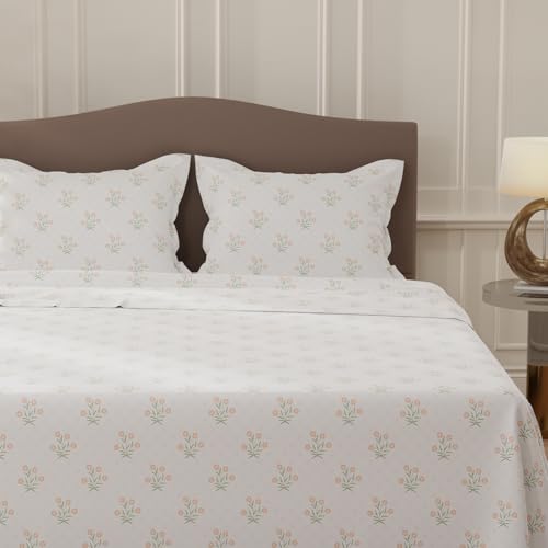 Image of Layers 100% Cotton Bedsheet for Double Size Bed | Lumina Floret Collection | 144 TC Soft & Breathable | Floral Print with 2 Pillow Covers | Wrinkle Free & Colorfast | 3 Piece Bedding Set - White & Red