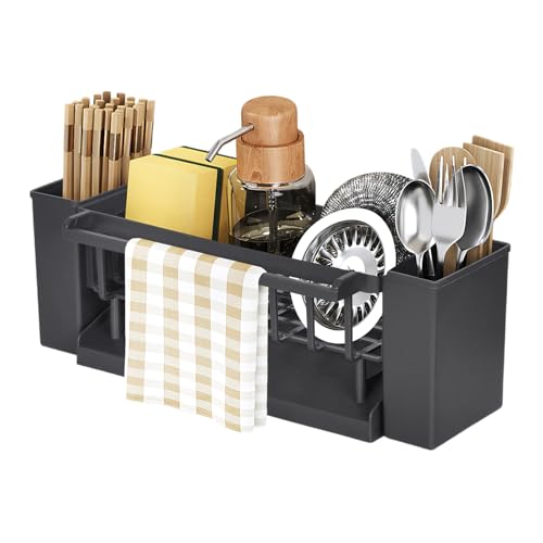Rylae Organizador para Fregadero, Estante para Esponjas de Fregadero, Soporte para Tenedores y Cucharas, Gris Plomo, Plástico Abs, para Pared o Encimera, para Fregadero de Cocina, Pared y Baño
