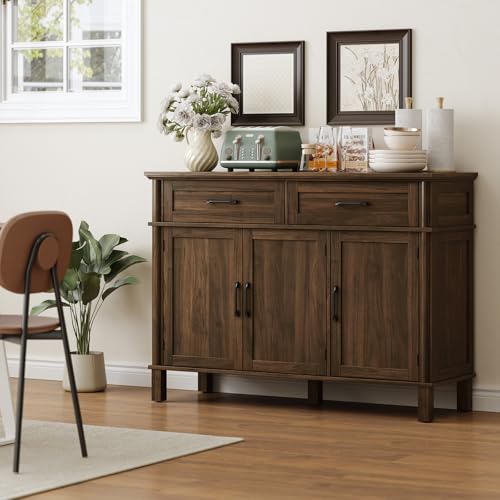 Image of ONBRILL 48 Inch Buffet Cabinet with Storage, Farmhouse Sideboard Buffet w /2 Drawers and 3 Doors, Wood Coffee Bar Cabinet with Adjustable Shelves, Sideboard Storage for Kitchen, Living Room, Walnut