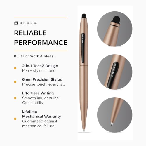 Image of Cross Tech 2 Satin Metallic Macchiato Ballpoint Pen with Black PVD Trim and Stylus - Refillable, Medium Point, Black Ink, Luxury Gift Box
