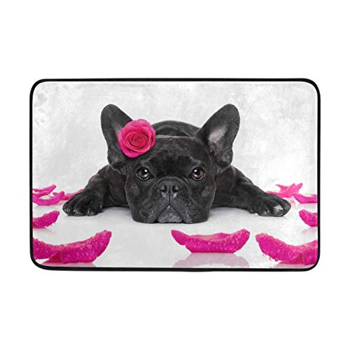 FANTAZIO Zerbini con bulldog francese con rosa per ingresso e zona esterna tappeto dritto per cucina/bagno 59,9 x 39,9 cm