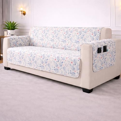 Image of STITCHNEST 'CloudFeel Series' Quilted Printed Velvet Sofa Cover for 1 Seater | Premium Soft Velvet Sofa Protector | Blue Floral Leaf Print Design with Armrest Pockets | Furniture Cover