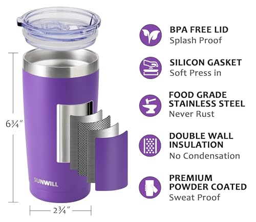 Image of SUNWILL Travel Coffee Tumbler 20 oz, Insulated Mug with Lid, Stainless Steel Cup for Hot and Cold Drinks, Powder Coated Purple