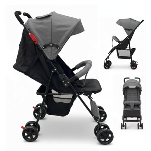 Image of OBABY Stroller with Reclining Seat, Adjustable Canopy, Safety Harness, Smooth Wheels, Compact Folding Design (Small-Darkgrey)