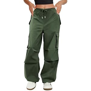 COPYLEAF Cargo Pants Women Low Waisted Parachute Pants with Pockets Loose Baggy Hiking Pants Y2K Clothes