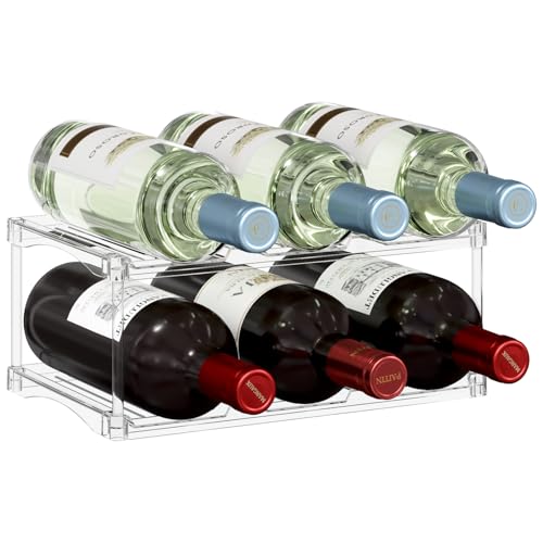 Lifewit Stackable Bottle Storage Organizer, Clear Freestanding Wine Holder for Cabinet, Large Slot Water Bottle Tumbler Cup Organizer for Pantry, Plastic Wine Rack for Fridge Cellar, 2Tier Hold 6