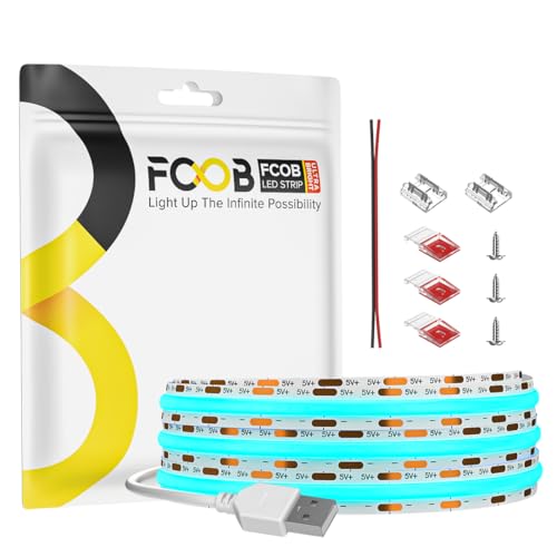 Image of 6.56FT /2M 5V USB LED Light Strip Ice Blue Flexible High Density COB Strips 640LEDs, 8mm LED Tape for Under Cabinet Bedroom No Controller and Power