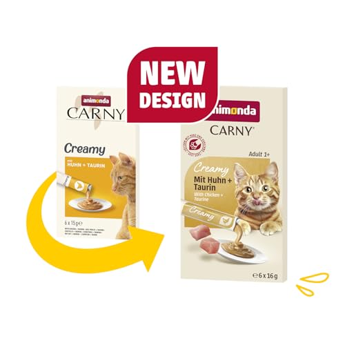 animonda Carny Creamy Katzensnack (6 x 15g), Premium Katzensnack für anspruchsvolle Feinschmecker mit zartem Huhn und wertvollem Taurin