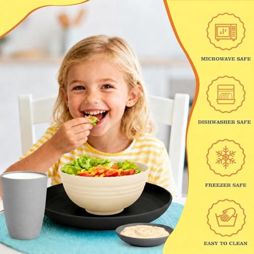 Image of Wheat Straw Dinnerware Sets 16 PCS - Unbreakable Kids Plates and Bowls Sets for 4,Dishwasher & Microwave Safe Modern Lightweight Toddler Plates and Bowls Set for RV,Travel,Camping - Grey Stone