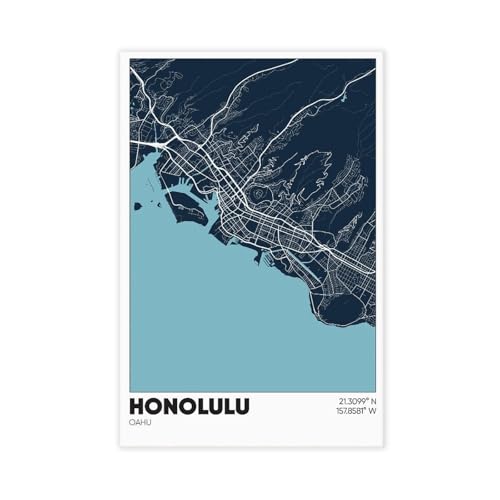 Honolulu Map, Hawaii, Oahu Canvas Poster Wall Art Bedroom Decor Office Room Kitchen Decor Gift Unframe-style 16x24inch(40x60cm)