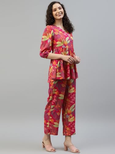 Image of DEEBACO Women's Leaf Print Rayon Peplum Top & Pants Co-Ord Set for Women V-Neck Puff 3 /4 Sleeves Ladies Party Casual Wear Fashionable for Girls Relaxed Fit Cord Set (Magenta)
